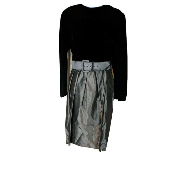 Vintage Lloyd Williams Size 10 Black Velvet & Silver Metallic Dress W/ Belt 20c - Picture 1 of 8